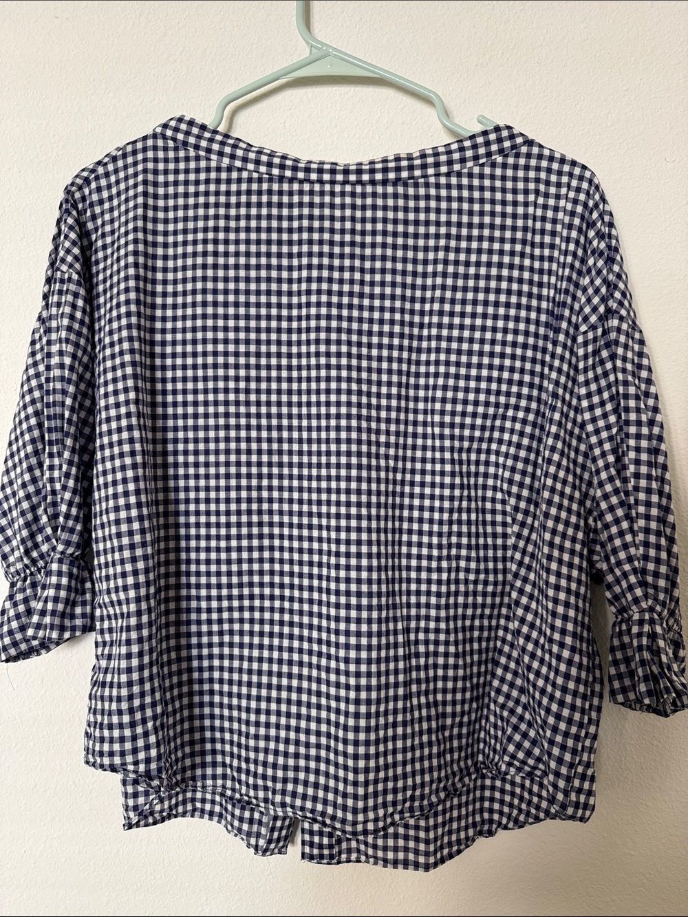Navy and White Gingham Women’s Relaxed Button-Sleeve Blouse